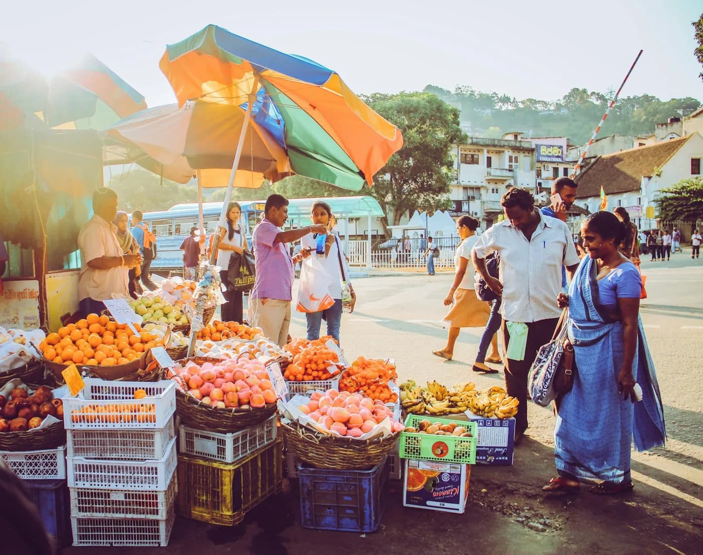 Obstmarkt an einer Straße in Sri Lanka, Kunden wählen Früchte aus