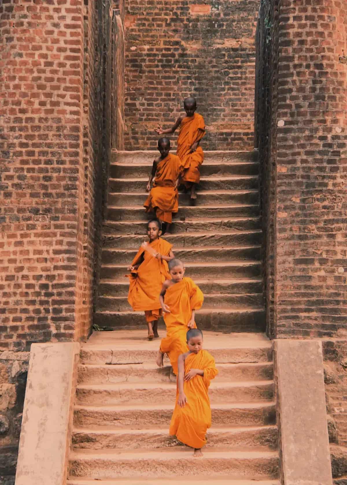 Junge Mönche auf einer Tempeltreppe